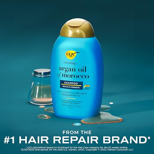 OGX Renewing + Argan Oil of Morocco Shampoo, Damage Repairing Shampoo & Argan Oil to Help Strengthen & Repair Dry, Damaged Hair, Paraben-Free, Sulfate-Free Surfactants, 13 fl. Oz